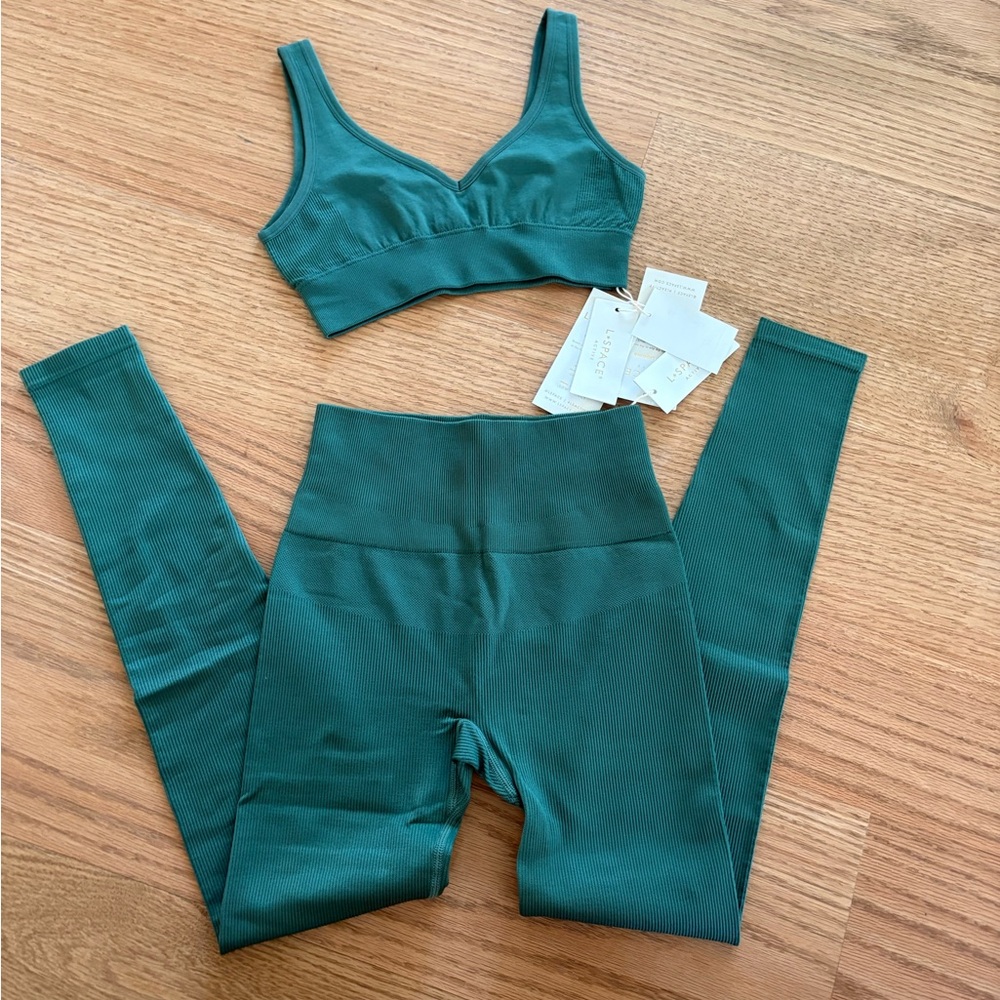 l*space Teal Green Ribbed High-Waist Leggings & Sports Bra Set